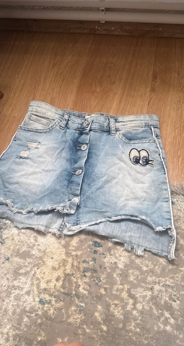 Dantelli Nakışlı Mavi Mini Kot Etek - Görsel 3