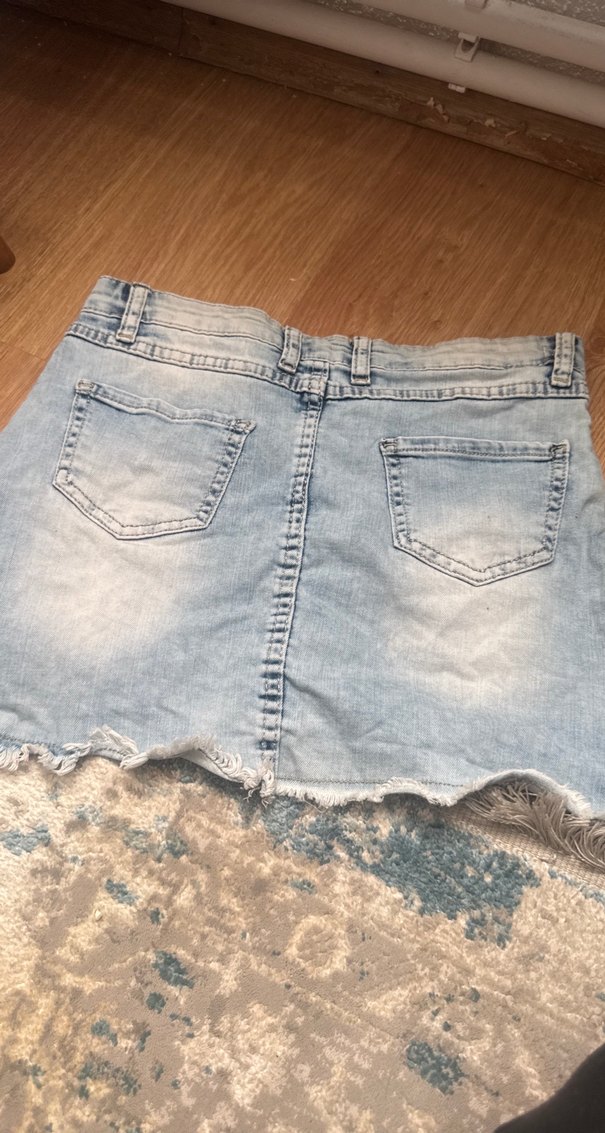 Dantelli Nakışlı Mavi Mini Kot Etek - Görsel 2