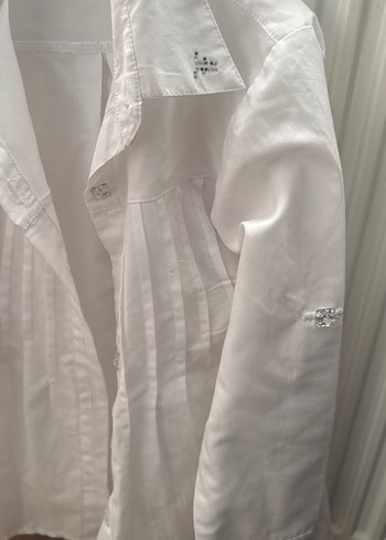 Beyaz Keten Düğmeli Uzun Kollu Kız Bluzu - Görsel 5