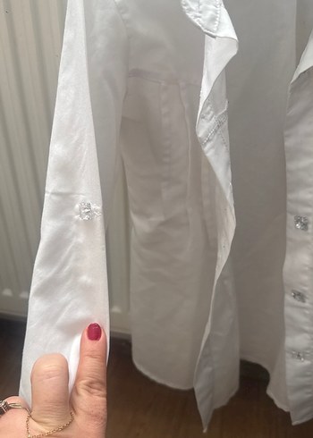 Beyaz Keten Düğmeli Uzun Kollu Kız Bluzu - Görsel 6