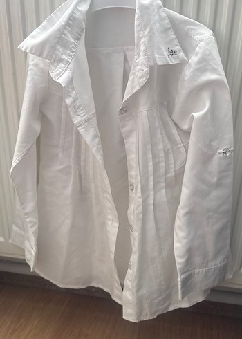 Beyaz Keten Düğmeli Uzun Kollu Kız Bluzu - Görsel 2