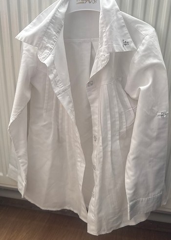 Beyaz Keten Düğmeli Uzun Kollu Kız Bluzu - Görsel 3