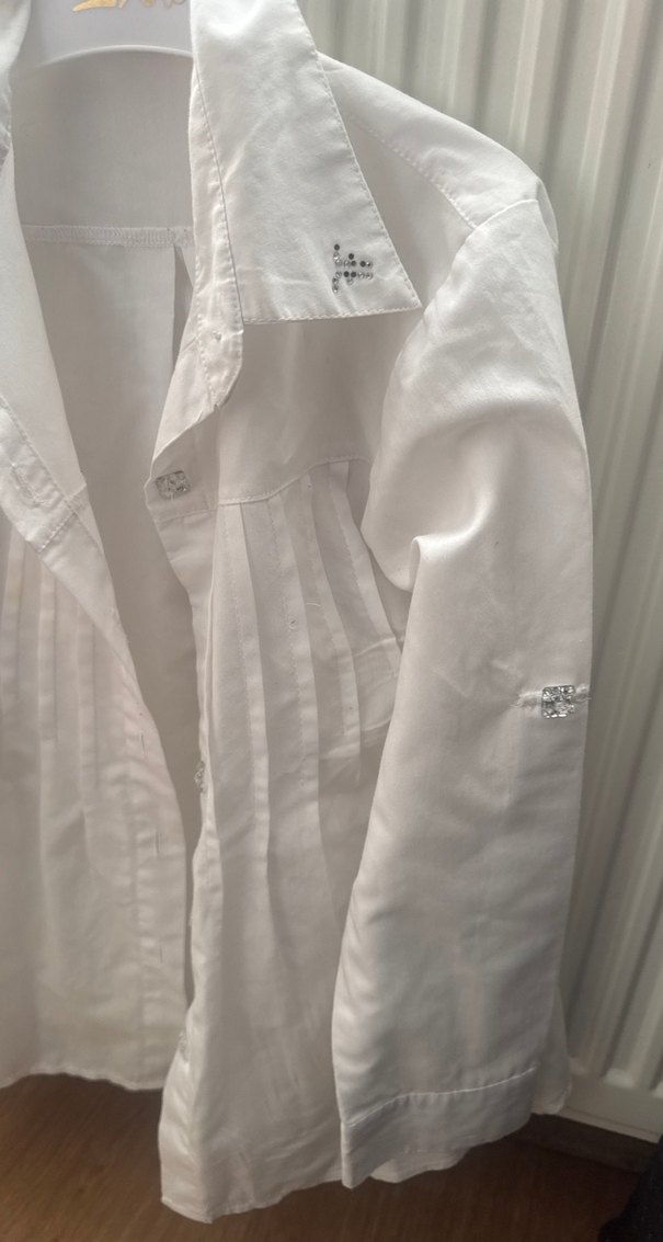 Beyaz Keten Düğmeli Uzun Kollu Kız Bluzu - Görsel 5