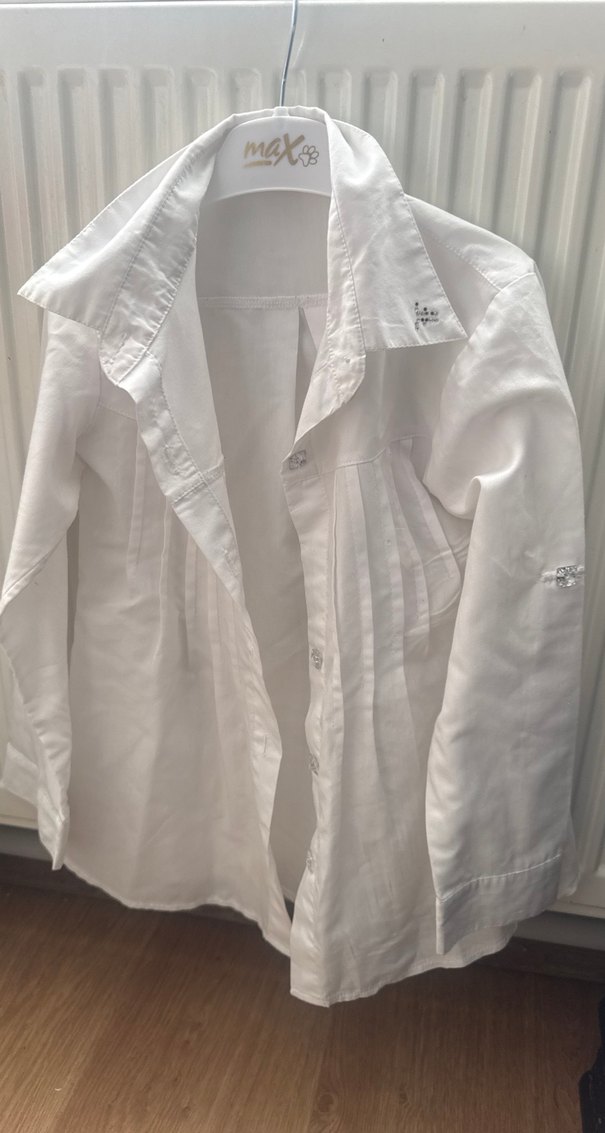 Beyaz Keten Düğmeli Uzun Kollu Kız Bluzu - Görsel 4