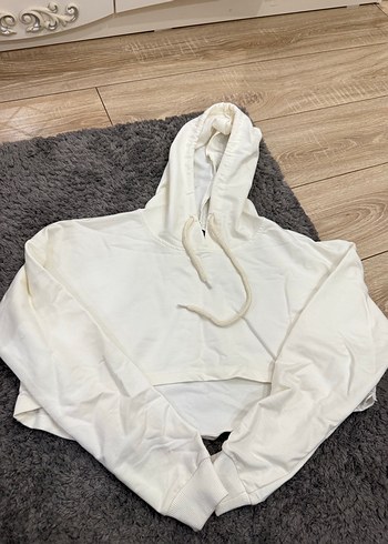 Kadın Beyaz Kapüşonlu Kısa Sweatshirt - Görsel 2