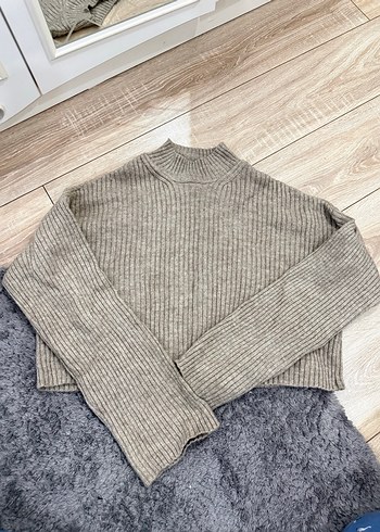 Gri Yün Boğazlı Örgü Kadın Kazak - Görsel 2