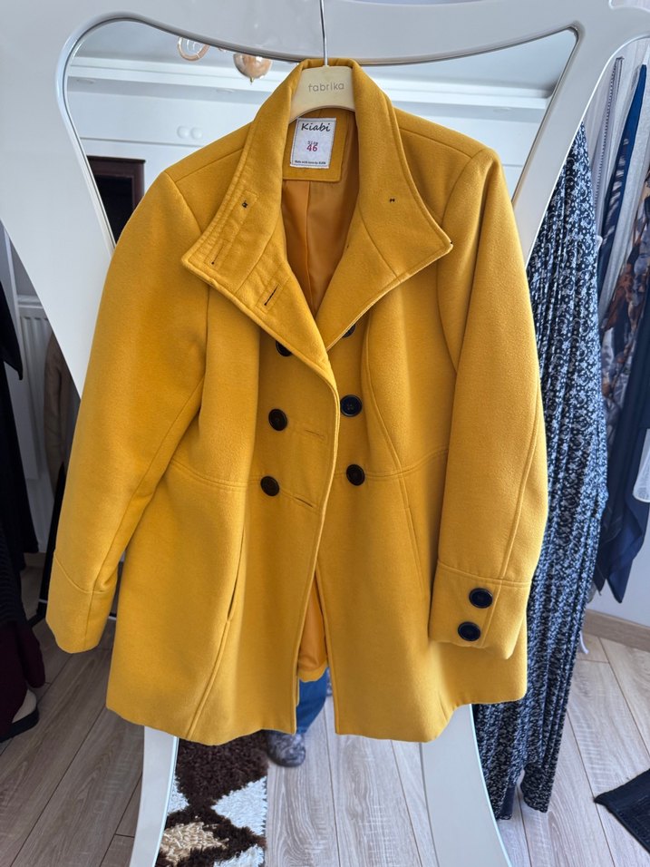 Düğmeli Sarı Midi Kadın Kaban - Görsel 2