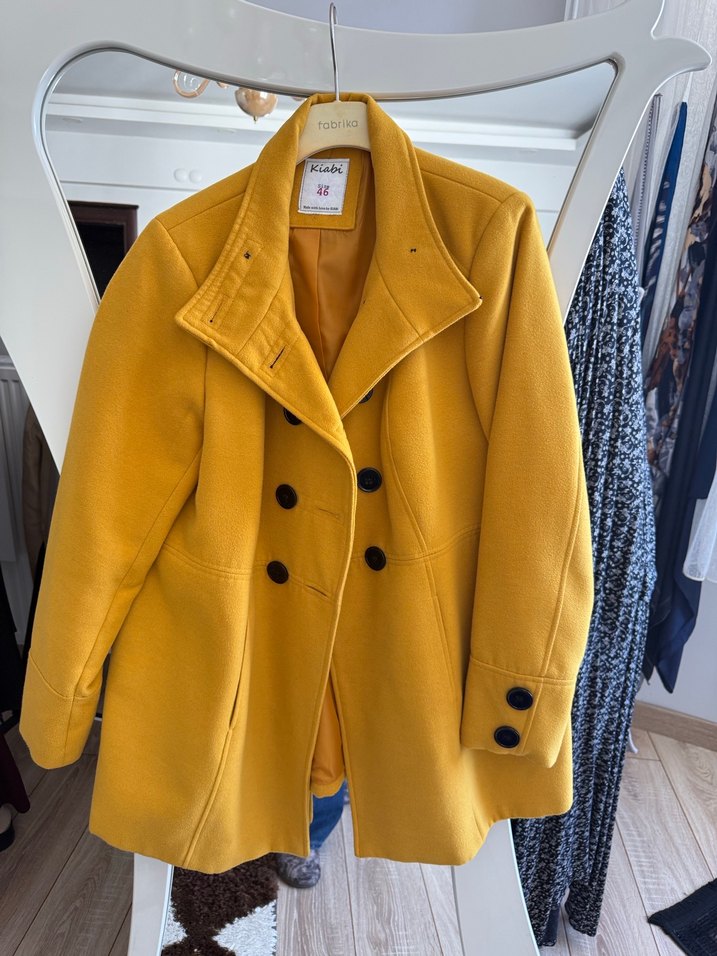 Düğmeli Sarı Midi Kadın Kaban - Görsel 3