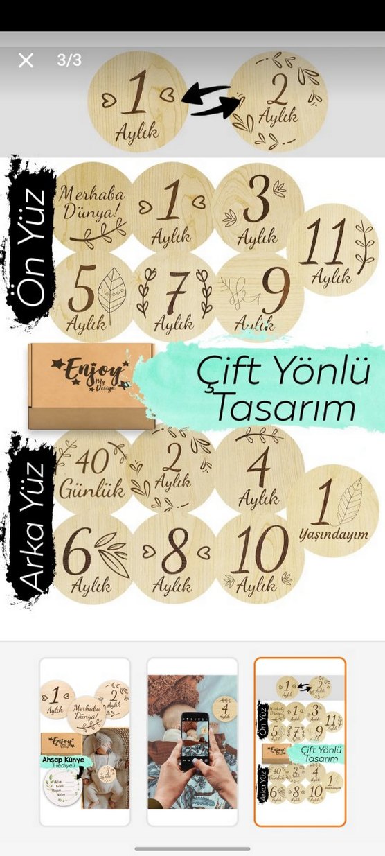 Ahşap Aylık Plak seti bebek anı kartları - Görsel 2