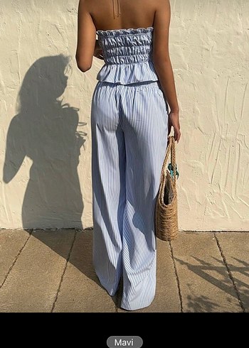Sheinside Mavi Çizgili Kadın Bol Kesim Kemerli Pantolon