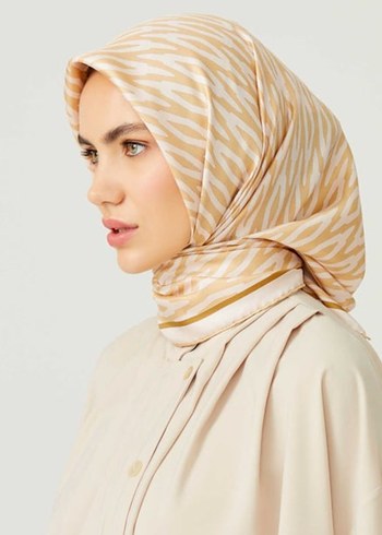 imannoor 100% ipek Bej Desenli Eşarp