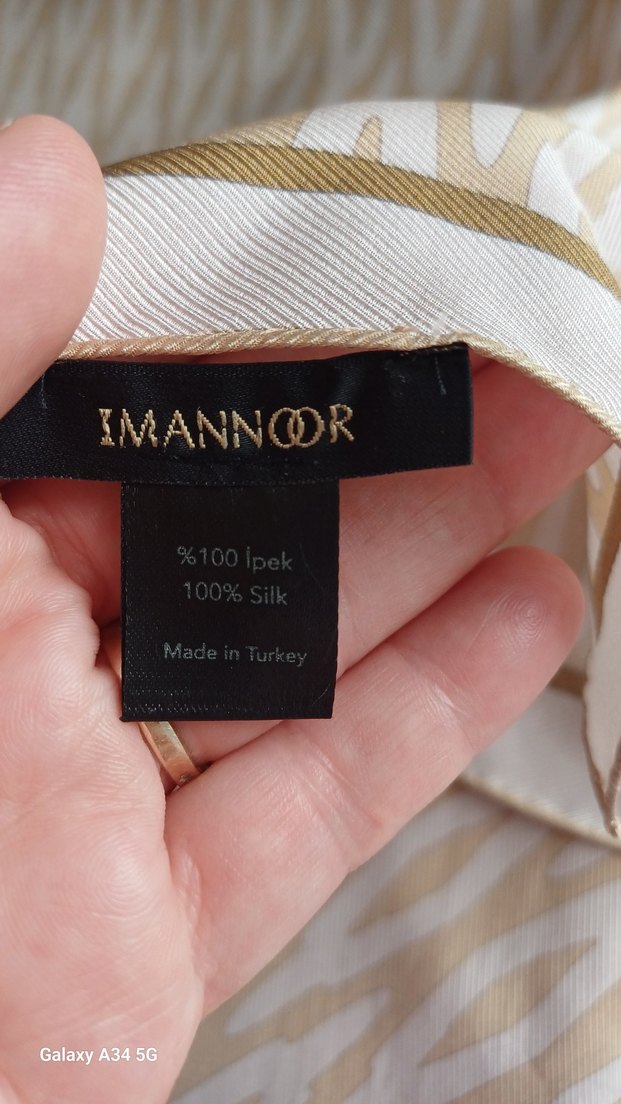 imannoor 100% ipek Bej Desenli Eşarp - Görsel 3