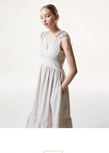 machka Bej V Yaka Uzun Keten Elbise - Görsel 3