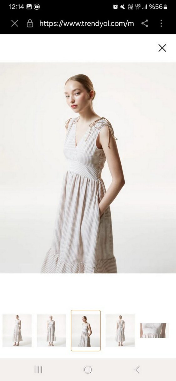 machka Bej V Yaka Uzun Keten Elbise - Görsel 3