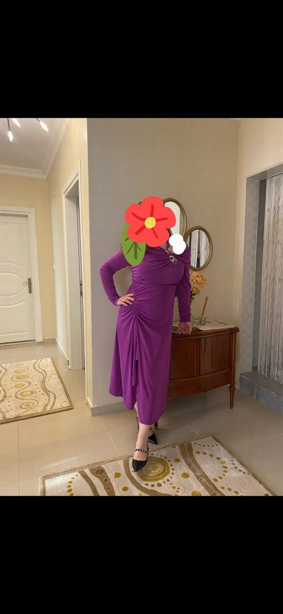 kameya drapeli Uzun Mor Kadın Elbise - Görsel 2