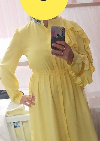 machka işlemeli Sarı Uzun Fırfırlı Elbise - Görsel 3