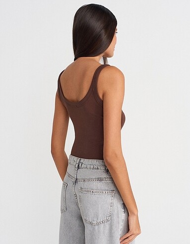 Dilvin DİLVİN Askılı Bodysuit-Açık Kahve