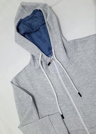 gri kapşonlu fermuarli sweatshirt