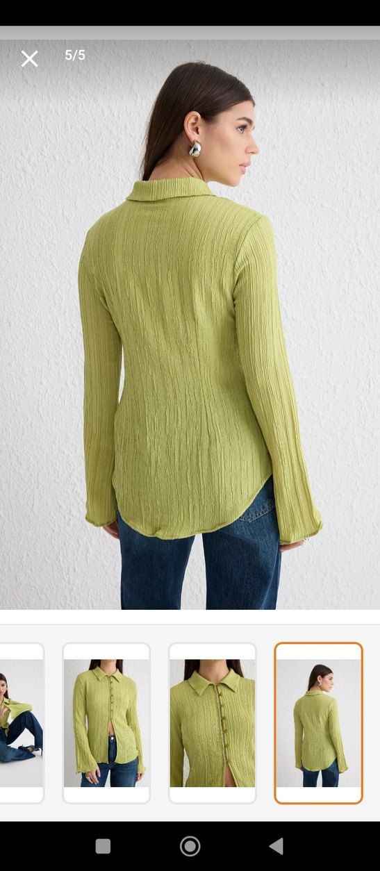 Düğmeli V Yaka Yeşil Kadın Gömlek - Görsel 3