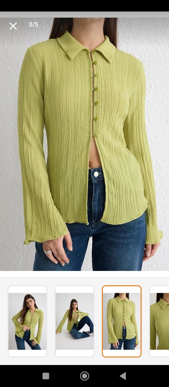 Düğmeli V Yaka Yeşil Kadın Gömlek - Görsel 2