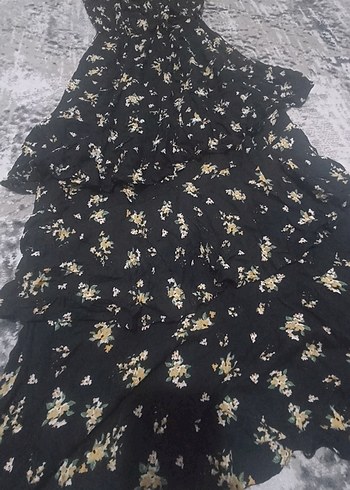 Siyah Desenli Uzun Fırfırlı Bohem Elbise - Görsel 2