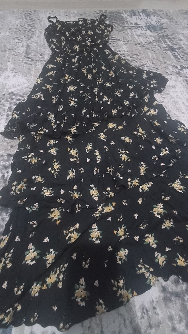 Siyah Desenli Uzun Fırfırlı Bohem Elbise - Görsel 2