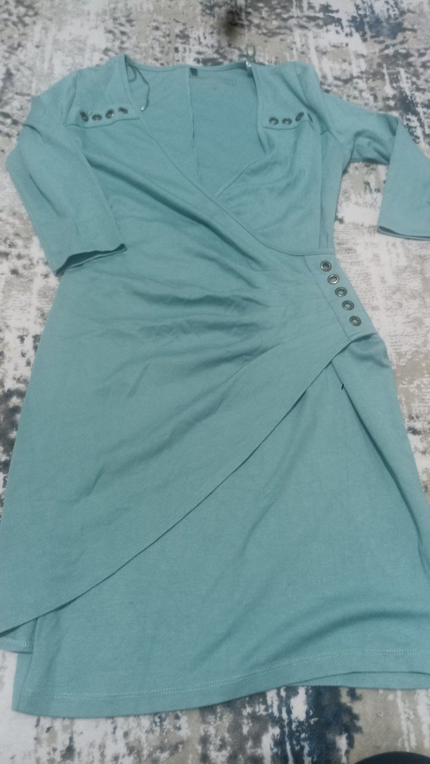 Uzun Kollu Turkuaz Mini V Yaka Elbise - Görsel 2