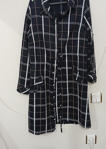 Düğmeli Siyah Kareli Midi Tunik - Görsel 3