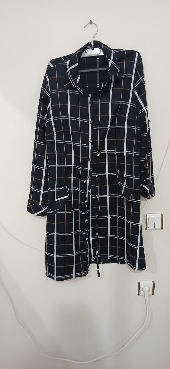 Düğmeli Siyah Kareli Midi Tunik - Görsel 3