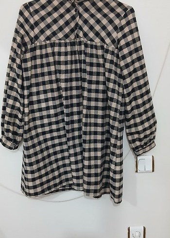 Düğmeli Bej Gri Kareli Bluz - Görsel 3