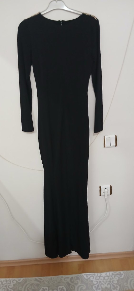 Dantel Detaylı Siyah  Uzun Elbise - Görsel 3