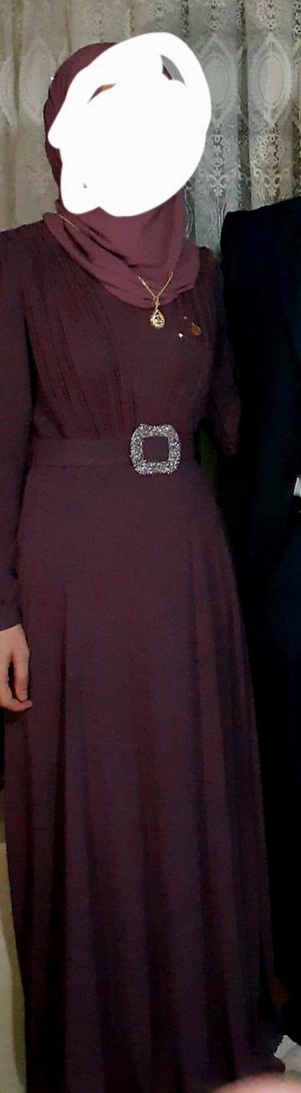 Bordo Kemerli Uzun Kadın Elbise - Görsel 2