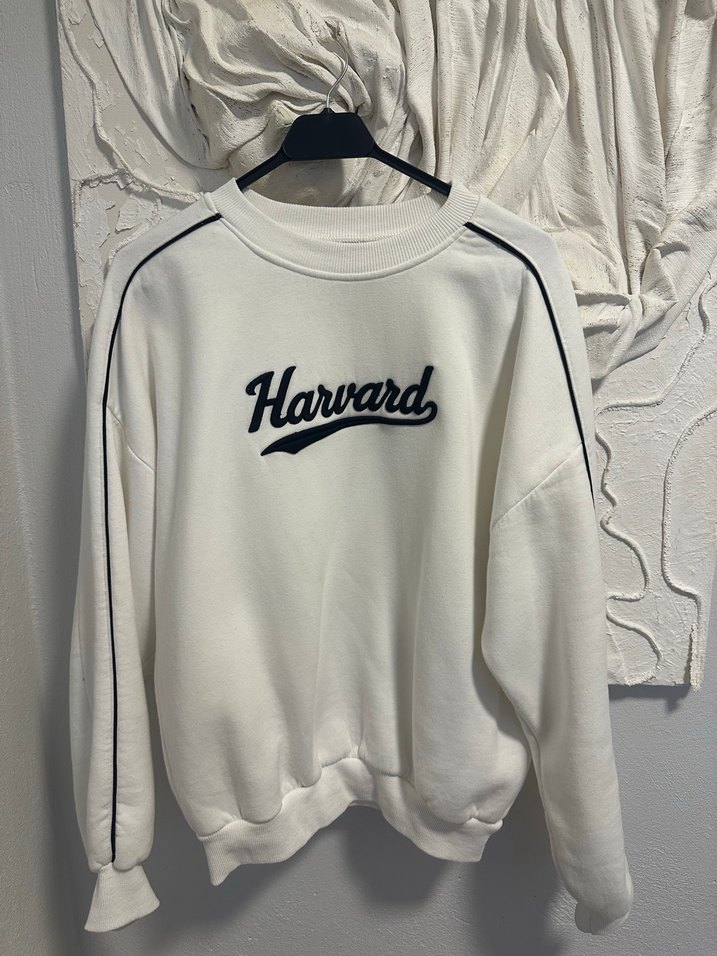 Harvard Baskılı Gri Beyaz Oversize Sweatshirt - Görsel 4
