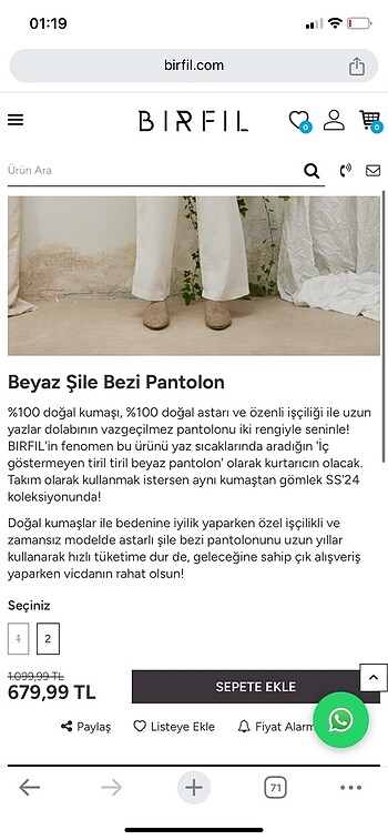 Suud Collection BİRFİL ŞİLE BEZİ BEYAZ PANTOLON