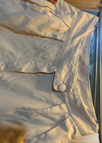 Düğmeli Bej Keten Kadın Pantolon - Görsel 3