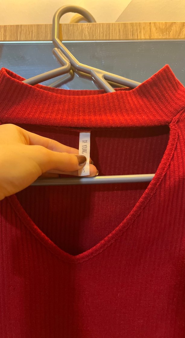 Kadın Kırmızı V Yaka Triko Kazak - Görsel 3