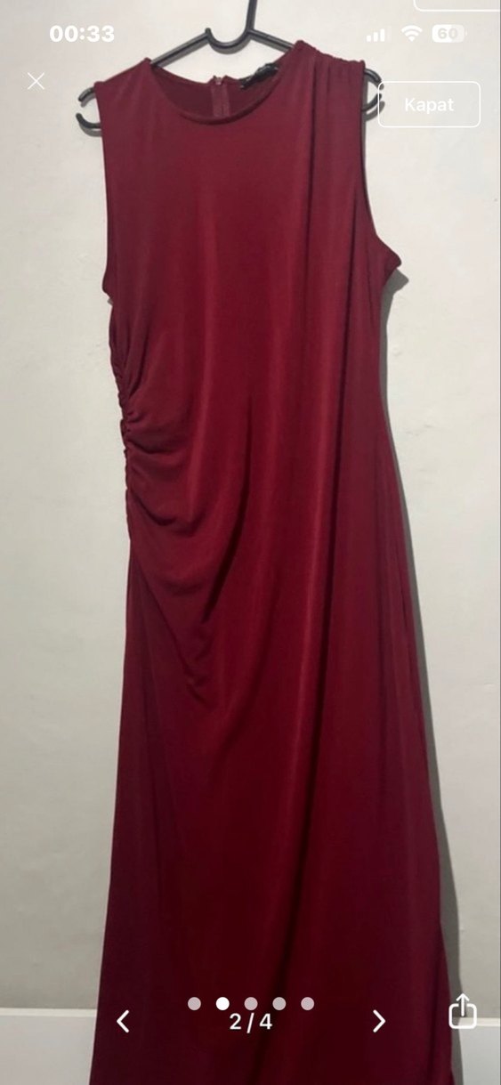 Bordo Drapeli Straplez Uzun Elbise - Görsel 2