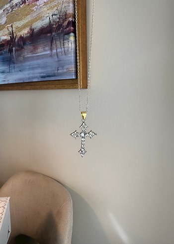 Şeffaf Quartz Taşlı Haç Kolye - Görsel 2