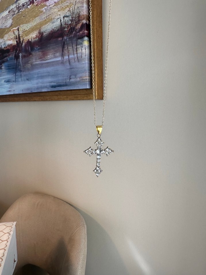 Şeffaf Quartz Taşlı Haç Kolye - Görsel 2