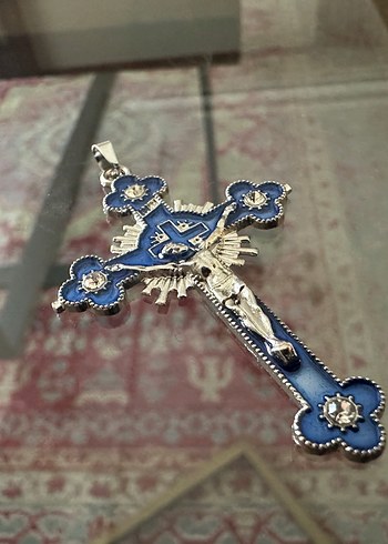 Quartz Taşlı Mavi Haç Kolye Ucu - Görsel 3