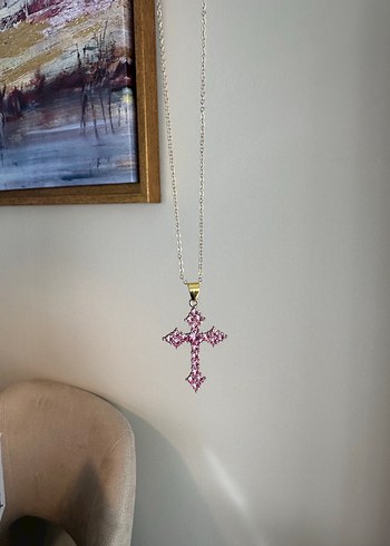 Pembe Quartz Taş Haç Kolye - Görsel 2