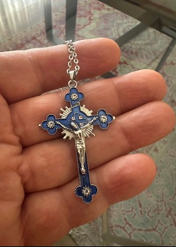 Quartz Taşlı Mavi Haç Kolye - 55 cm - Görsel 3