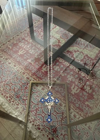 Quartz Taşlı Mavi Haç Kolye - 55 cm - Görsel 6