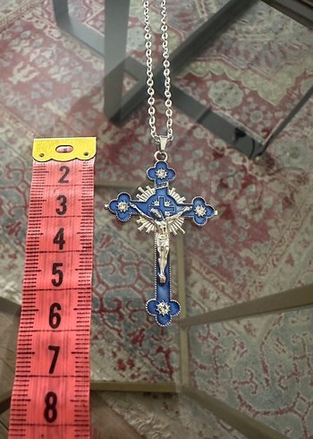 Quartz Taşlı Mavi Haç Kolye - 55 cm - Görsel 7