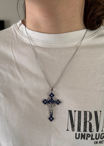 Quartz Taşlı Mavi Haç Kolye - 55 cm - Görsel 2