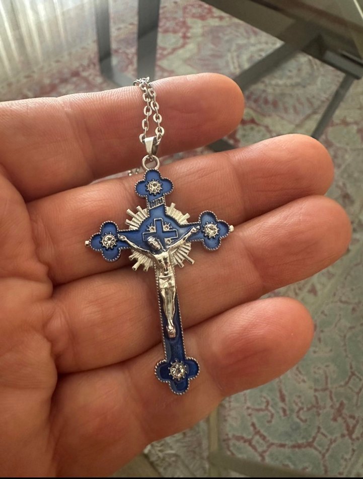 Quartz Taşlı Mavi Haç Kolye - 55 cm - Görsel 3