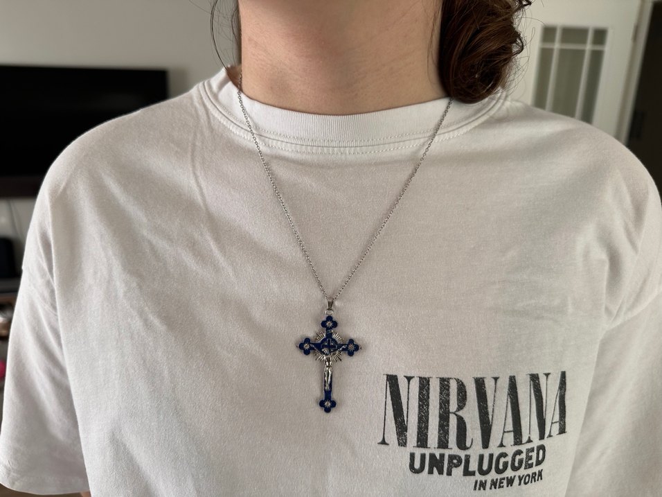 Quartz Taşlı Mavi Haç Kolye - 55 cm - Görsel 2