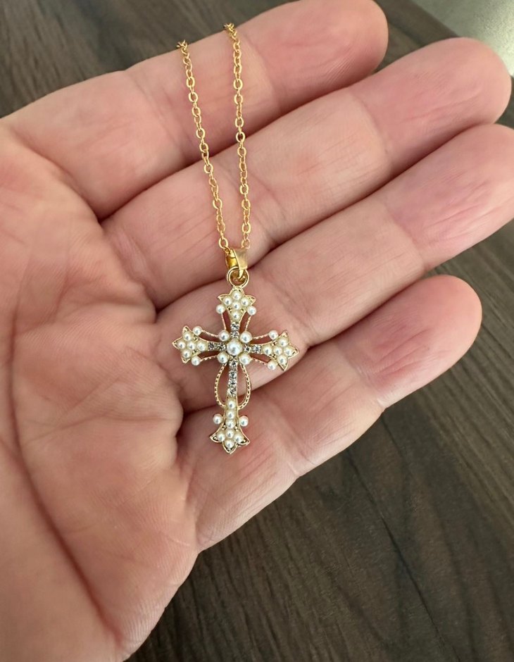 İnci Taşlı Haç Kolye - Görsel 3