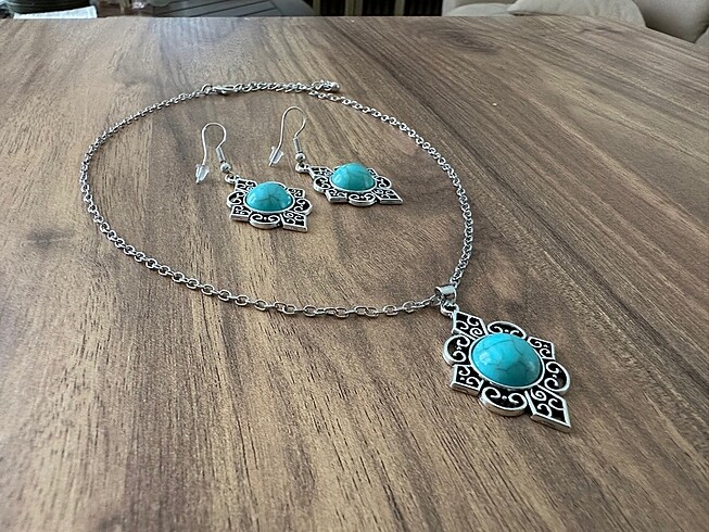 Beden çeşitli Renk Vintage Turkuaz Gümüş Kaplama Takı Seti