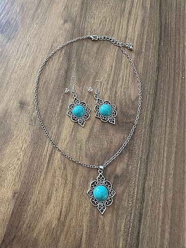 Beden Vintage Turkuaz Gümüş Kaplama Takı Seti